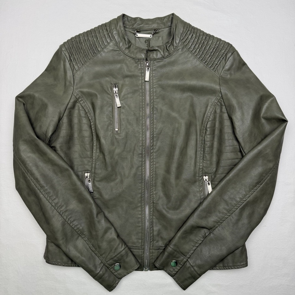Joujou Faux Leather Jacket Size Medium Coat Zip Up Moto Classic Green Motorcycle